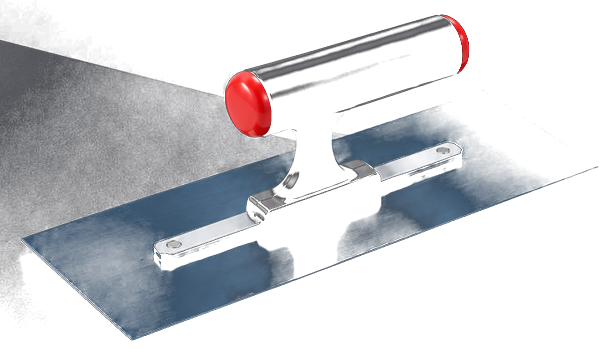 Plastering Trowel — T-handle, black handle with red caps, blue-tinted blade